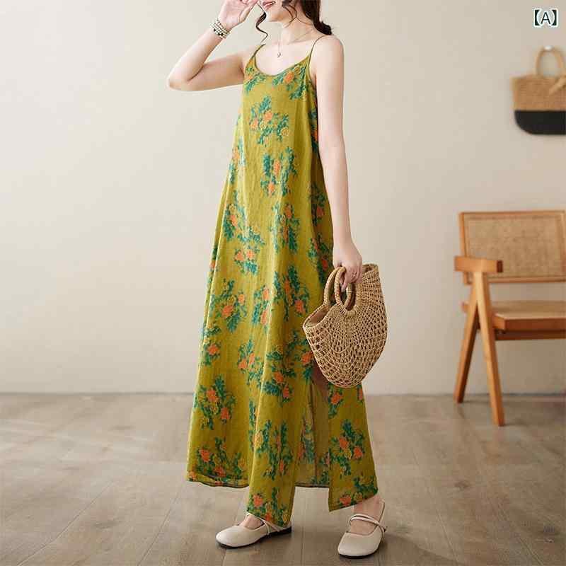 レディース マキシ丈ノースリーブワンピース 実際に 夏の 新型 レトロ 文芸 綿 麻の プリントの 中国式..
