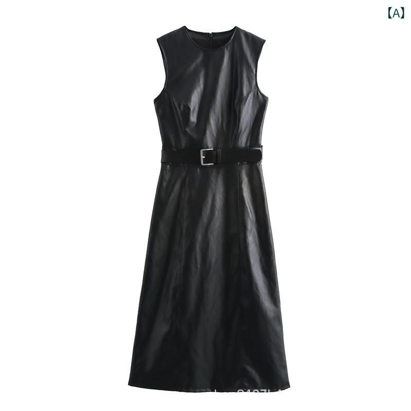 レディース マキシ丈ノースリーブワンピース のりの 新型の 欧米風の ファッションの 婦人服のは ベルトを 配合 して 皮の 袖の 長さの ワンピースの 4369252を まねます。