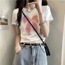 レディース ショート丈 トップス 半袖tシャツ 短い t シャツ レディース 白い ピンクの 蝶 結びの プリントの 半袖の t シャツ レディース 2025 ...