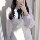 ブラウス レディース パステルカラーレースブラウス 春夏の 蝶 結びの レースの フリルの 長袖の シャツ 上着の 高級 感の レディース シャツ