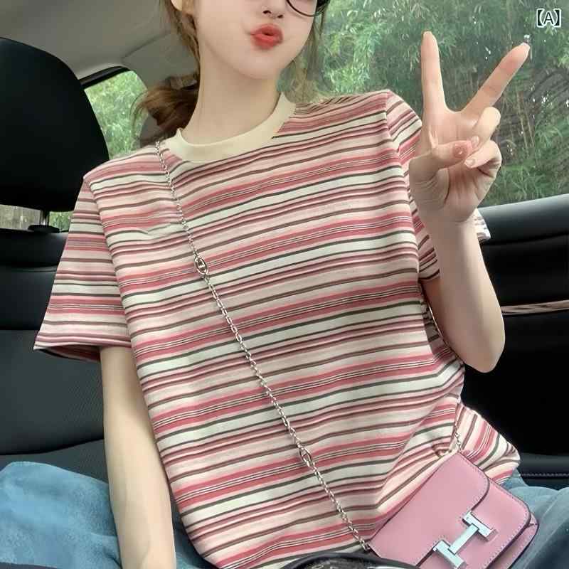 レディース ショート丈 トップス 半袖tシャツ カラーストライプ アメリカ レトロ 正 肩 半袖 t シャツ 女性 夏 感小 衆 半袖 t シャツ ゆるい 上着(4)