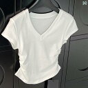 レディース ショート丈 トップス 半袖tシャツ アメリカ v ネックの 色の 肩の 半袖の レディース 上着の 夏の 感の 小さい 大衆は 腰を 収めて しわを...
