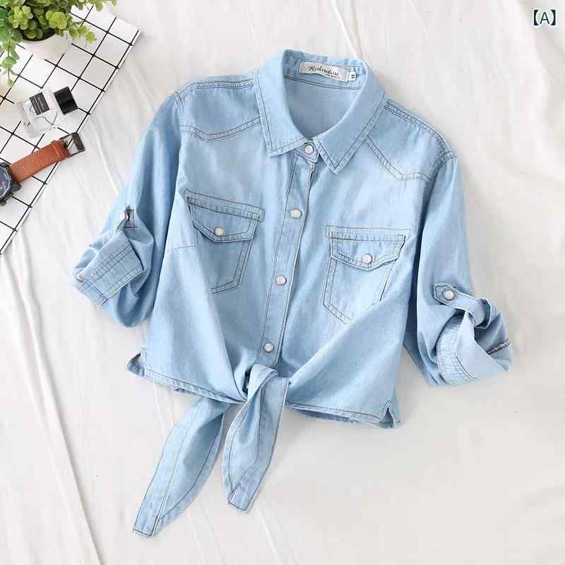デニム シャツ ブラウス 長袖 青 レディース 81197 洋風 ダブル ポケット デニム 七分袖小 ショール 女..