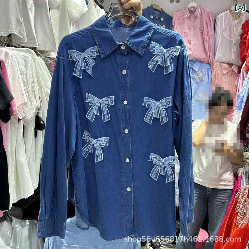 デニム シャツ ブラウス 長袖 青 レディース 2025 春の 新型 デニムシャツ 女性 重厚の 蝶は ドリルの ..