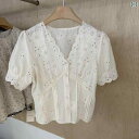 ブラウス レディース パステルカラーレースブラウス 韓国 系 レース 刺繍 綿 空 v ネック 半袖 シャツ 女性 2024 夏の 新型 フランス 式 泡 袖 ウエスト 上着