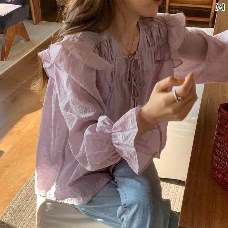 ブラウス レディース パステルカラーレースブラウス サトイモ 紫 シャツ 春の フレンチ 感 ラッパ 袖の..