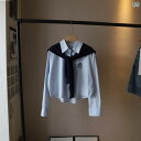 ブラウス レディース パステルカラーレースブラウス 比 正 2025 春の 新 韓 版 蝶 結び 刺繍 長袖 シャツと ニットストール 二点 セットの 女性 3551