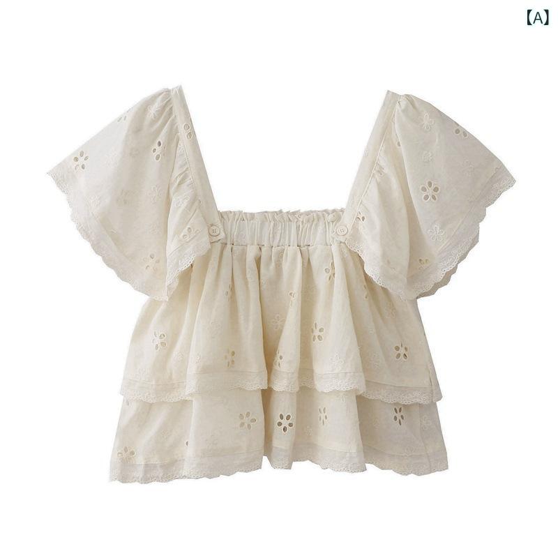 ブラウス レディース パステルカラーレースブラウス 自家製の 夏の 新型の フランス 式の 優しい 風のの ハスの 葉の 辺の 刺繍の 小さい 花の 飛の 袖の シャツ レディース 短い 上着