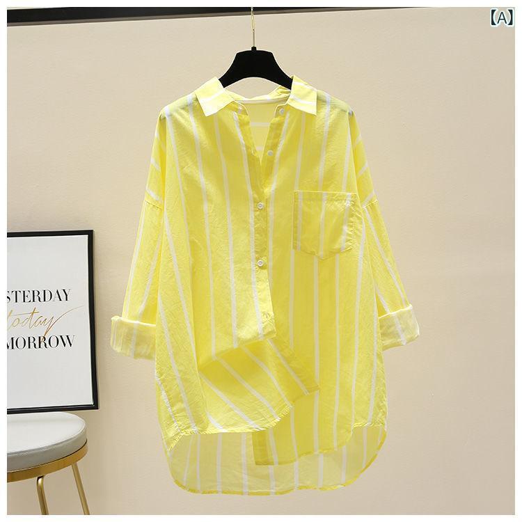シャツ 羽織り 夏 薄手 パステルカラー 潮 牌 卵 黄色 縞 日焼け防止 シャツ 女 2024 春夏 薄手 カーデ..