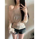 Tシャツ レディース 薄手 シアー 長袖 アシンメトリーショルダー ウエストマーク UVカット 大きいサイズ ゆったり ポリエステル素材 春夏 通勤 カジュアル 普段使い