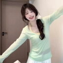 Tシャツ レディース 春夏 UVカット 紫外線対策 ゆったり フィット 着痩せ スタイルアップ 長袖 Vネック ポリエステル素材 韓国ファッション デイリー カジュアル トップス グリーン