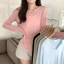 Tシャツ レディース 春夏 Vネック 長袖 UVカット 軽量 薄手 通気性 変形 アシンメトリー プルオーバー 甘辛ミックス インフルエンサー きれいめ カジュアル 通勤 デイリー ポリエステル ピンク ホワイト ブラック ブルー