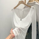 Tシャツ レディース 接触冷感 UVカット スリムフィット 薄手 シアー Uネック ロングスリーブ ホワイト 春夏 インナー トップス ポリエステル素材 プルオーバー リブ カットソー 普段使い