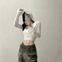 Tシャツ レディース フード付き クロップド丈 スリムフィット セクシー クール ギャル系 薄手 UVカット 長袖 ポリエステル 春夏 白 黒 カーキ