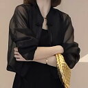 ブラウス レディース ネオチャイニーズスタイル チャイナボタン 長袖 ショート丈 UVカット アウター 春夏 着回し ゆったり スタンドカラー 通勤 オフィス ブラック ブラウン