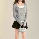 Tシャツ レディース 重ね着風 薄手 長袖 UVカット リボン柄プリント Uネック スリムフィット ミドル丈 ポリエステル スパンデックス 春夏 カジュアル
