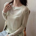 Tシャツ レディース 春夏 ラウンドネック 長袖 ゆったり 薄手 シアー プルオーバー UVカット 無地 リラックススタイル 高級感 ポリエステル シワになりにくい