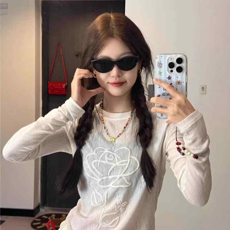 Tシャツ レディース 立体刺繍 花柄 UVカット 韓国 薄手 メッシュ シアー 長袖 プルオーバー ラウンドネック スリムフィット トップス 春夏