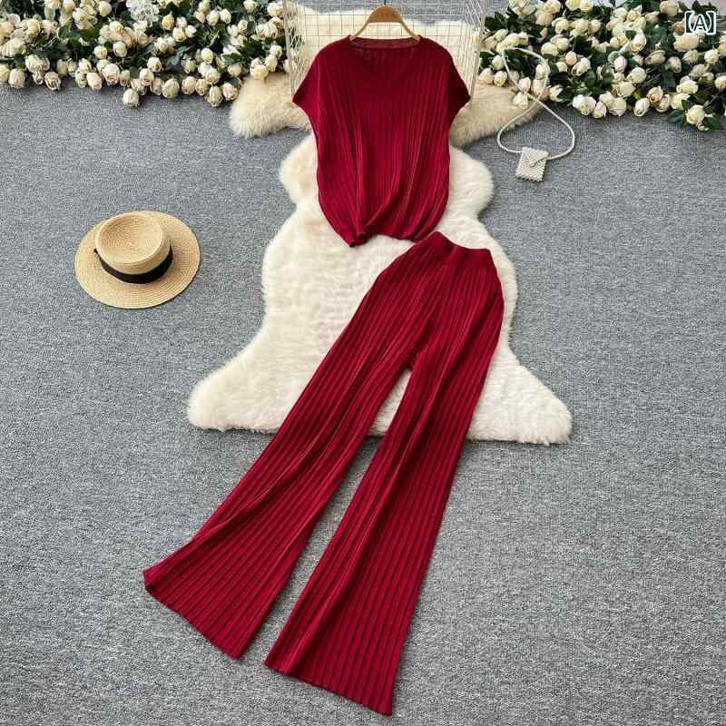 セットアップ レディース Vネック 韓国 カジュアル スーツ 女性 シンプル 百合 v ネック 半袖 縦縞 ニット 上着高 腰 ワイド 脚 ストレート長 ズボン