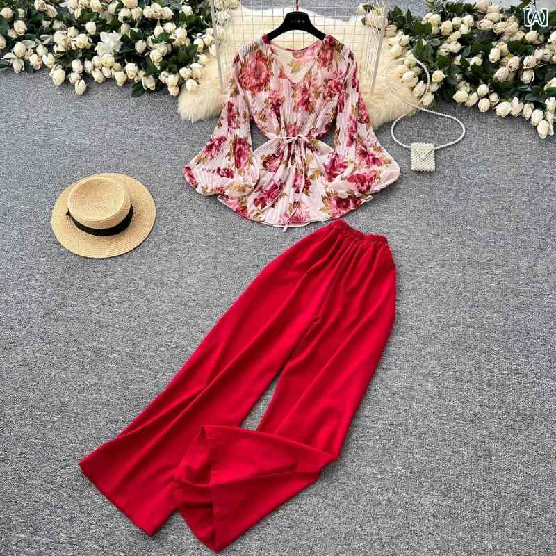 セットアップ レディース Vネック 軽 熟 風の 小さい 大衆の 洋風は ベルトを 締めて 腰の v ネックの 灯籠の 袖の プリントの 上着の レディース 腰の ゆったりしている 広 腿の ズボンの スーツを 収めます。x2