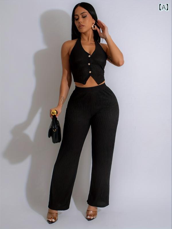 セットアップ レディース Vネック クロスボーダー 2025 新型 ファッション カジュアル スーツ 女性 色 v ネック スーツ 馬 甲 広 脚 ズボン 2枚