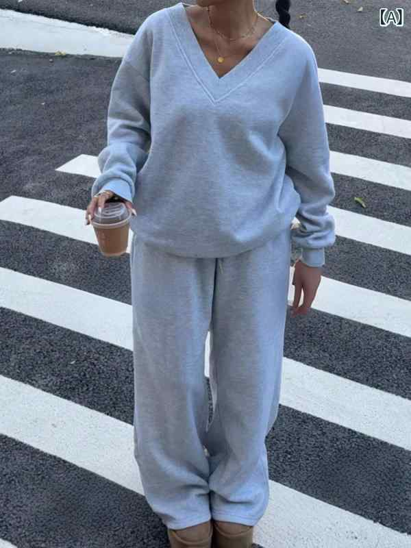 セットアップ レディース Vネック 2025 春の 新型 婦人服 欧米の 熱 売 V 襟 カジュアル スウェットの ストレート ズボン セット