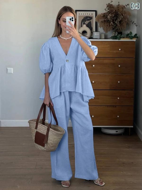 セットアップ レディース Vネック クロスボーダー 2025 女性 式長 ズボン セット 夏 色 v ネック 半袖 快適 カジュアル ワイド パンツ 2点 セットx2