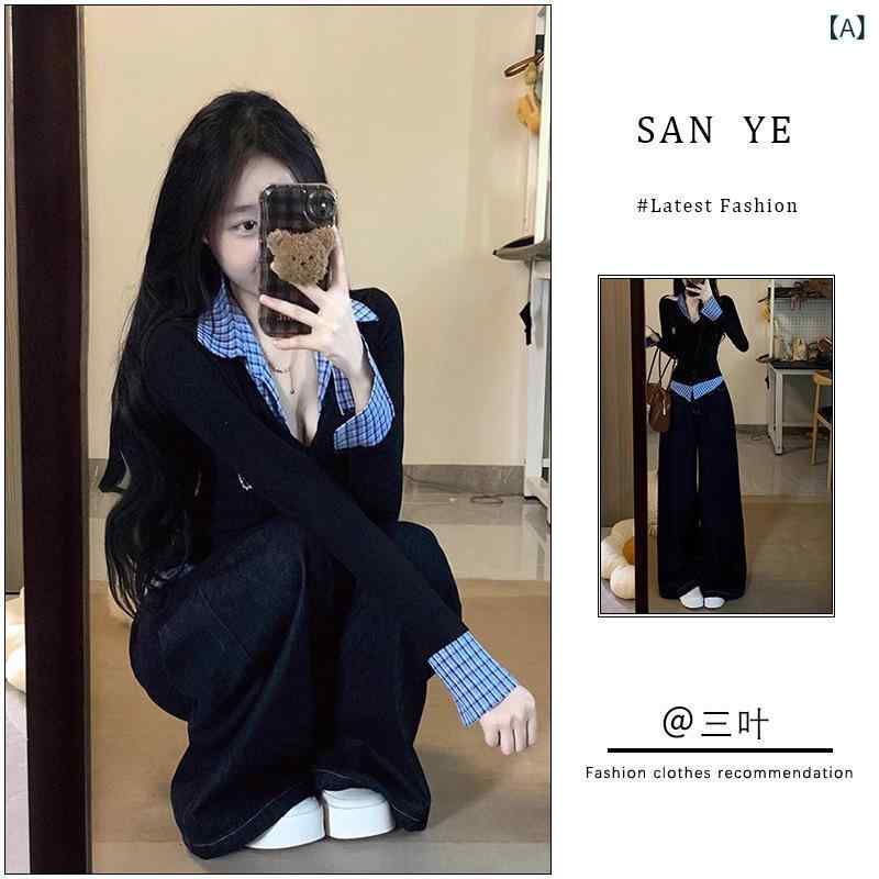 セットアップ レディース Vネック スーツ 女性 2025 春の 新型 韓国 系 フェイクの 二つの 格子は v ネックの 長袖の 上着の 高さ 腰の 広い 足の ズボンの 潮を つなぎます。