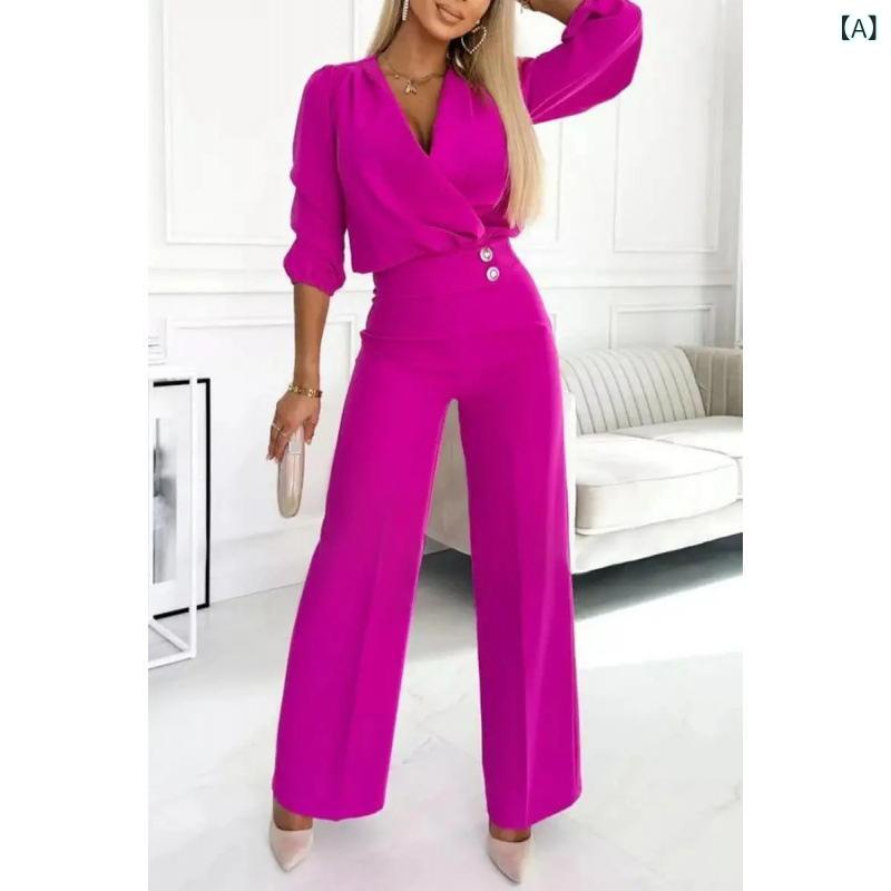 セットアップ レディース Vネック 2025 欧米 独立 駅 ファッション v ネック 航空 医 色 カジュアル パンツ スーツ 女性x2