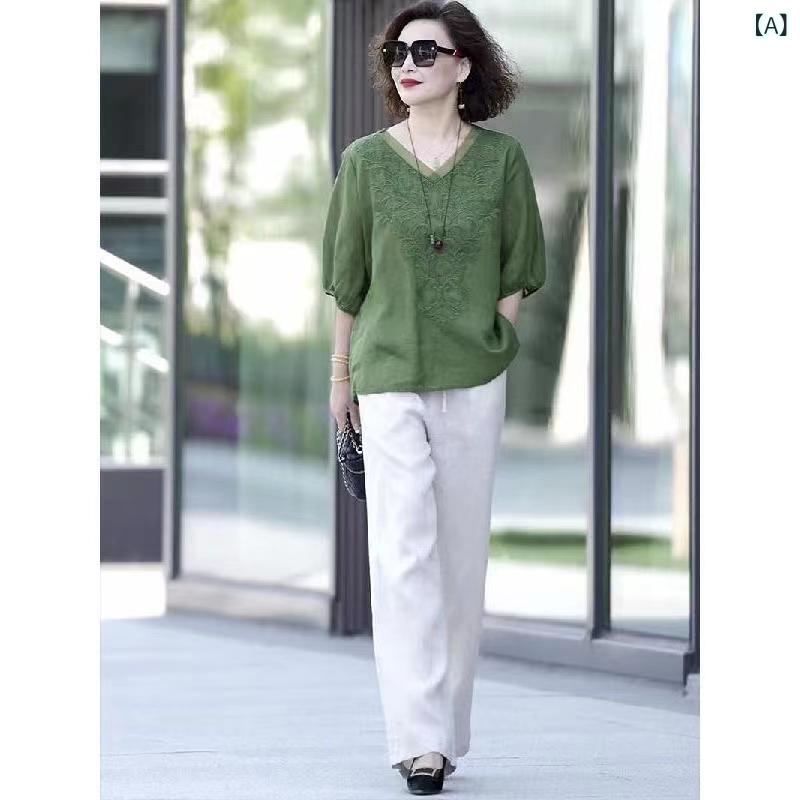 セットアップ レディース Vネック 中年 ママ向け 綿 麻 大きいサイズ スーツ 無地 綿 麻 夏 2点 セット レディース ハイエンド