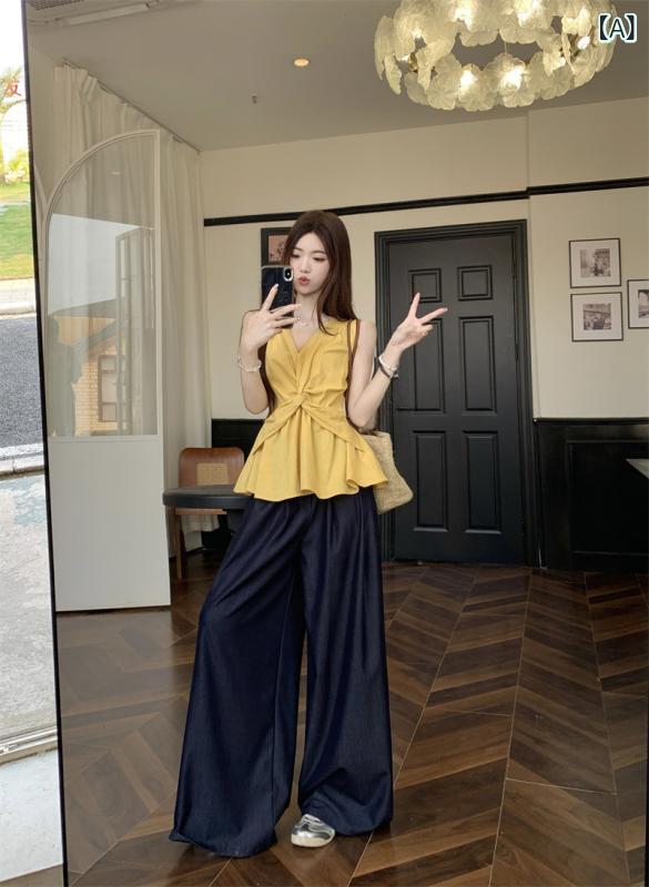 セットアップ レディース Vネック 実写 2025 夏の フランス v ネックは 赤い 綿 麻の キャミソールを ねじっています。x2