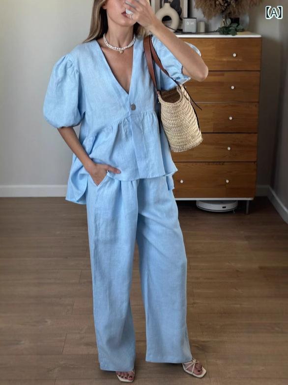 セットアップ レディース Vネック 2025 フランスの 甘美な 雰囲気 感の 色 v ネックの 泡の 半袖の ズボンの スーツ 婦人服は やせています。