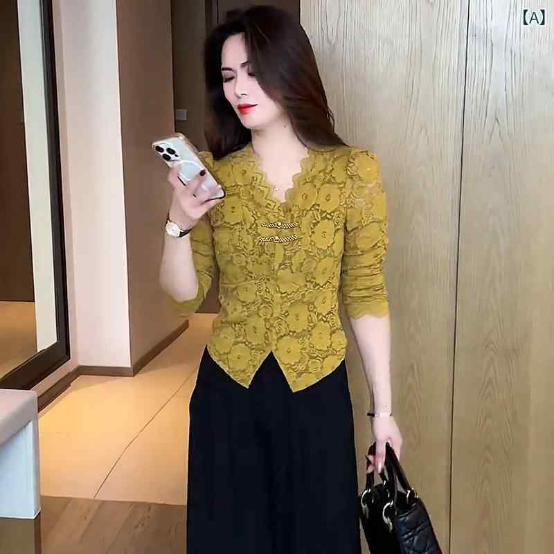 セットアップ レディース Vネック ファッション スーツ 女性 2025 春の 新型 洋は v ネック レースの ワイド パンツが 痩せている