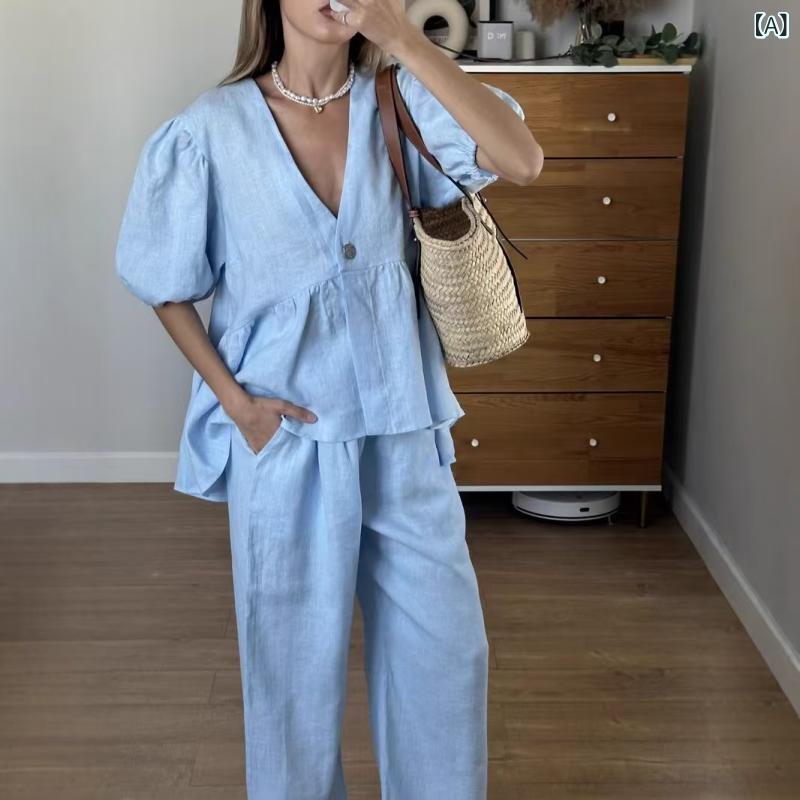 セットアップ レディース Vネック 2025 フランスの 雰囲気 感の 色 v ネックの 泡の 半袖の ひもの ズボンの スーツ 婦人服の ロット