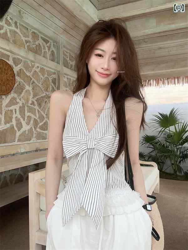 セットアップ レディース Vネック 実 拍 ~ 春夏 掛け 首 v ネック ベスト ストライプ 上着 女性 蝶 結び ワンピース ワイド 脚 カジュアル パンツ セット