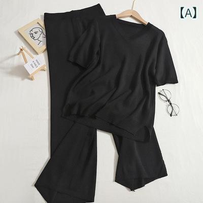 セットアップ レディース Vネック ファッション スーツ 女性 v ネックの ゆったり オープン フォークの ニットの 上着の 2つの セット