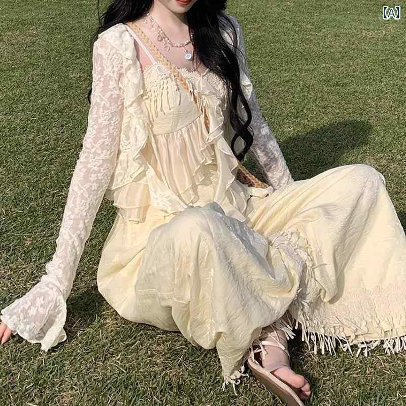 セットアップ レディース Vネック 落 花 惊 雨 刺繍 フリンジ v ネック 日焼け防止 多層 糸 上着 広 脚 ズボン セット 女性 春夏x2