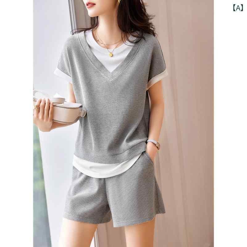 セットアップ レディース Vネック カジュアル スーツ 女性 2025 夏の 新型 ゆるい 快適 フェイク v ネック t シャツ パンツ大 サイズ MM 2 セット