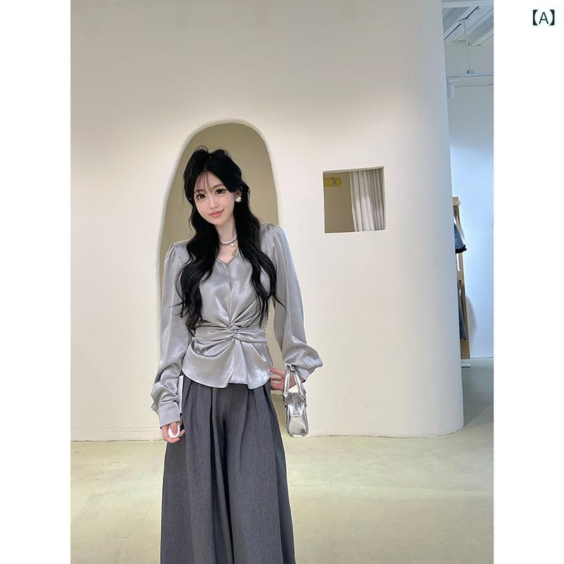 セットアップ レディース Vネック 春の 小さい スーツ 2025の 火の フランスの 名 媛の しわの v ネックの 長袖の 上着と 広い 足の ズボンの 2 セットの 女性