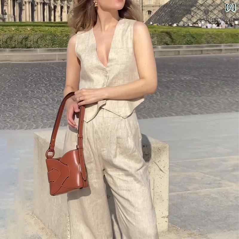 セットアップ レディース Vネック 欧米の クロスボーダー 婦人服 v ネックノースリーブ ベスト 色 百合 日常 カジュアル 快適 長 ズボン スーツ