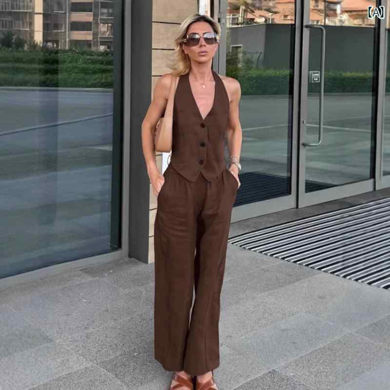 セットアップ レディース Vネック 欧米の シンプル 通勤 茶色の 馬 甲の ズボンの 2つの セットの 女性 2025 夏の v ネックの 馬の スーツ 婦人服