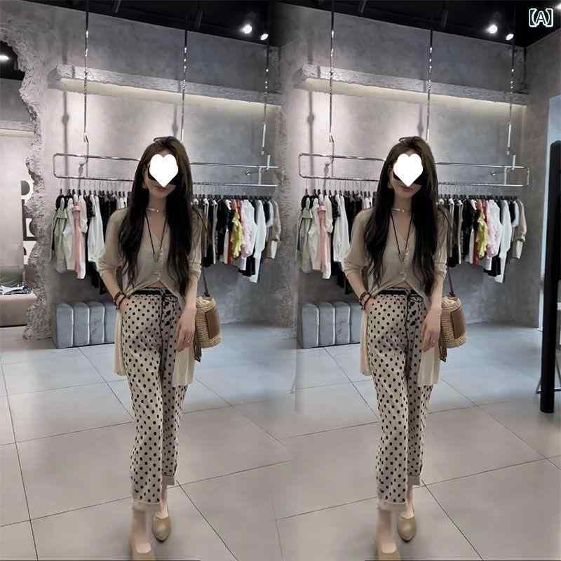 セットアップ レディース Vネック 2025 夏の 新型 高級 感 v ネックの 単 列 ボタンの 薄手 長袖の 上着の 30mmの 波の ズボンの 2 セットの 女性