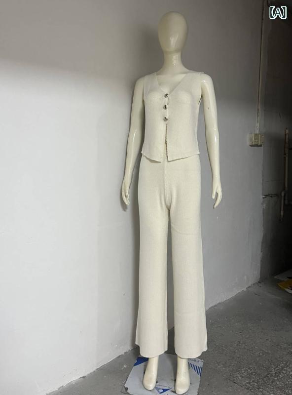 セットアップ レディース Vネック 2025 ニット 馬 甲 v ネック 上着の 短い 上着の 長い ビーチ ボヘミアン ストレートの ワイド パンツ セットの 女性