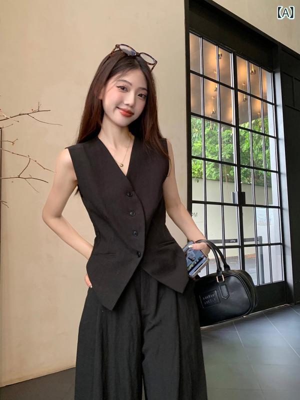 セットアップ レディース Vネック リアル ショット 韓国 イミテーション リネン オールド マネー スタイル Vネック ベスト + ハイウエスト ワイド レッグ カジュアル パンツ 女性用 ファッション スーツ