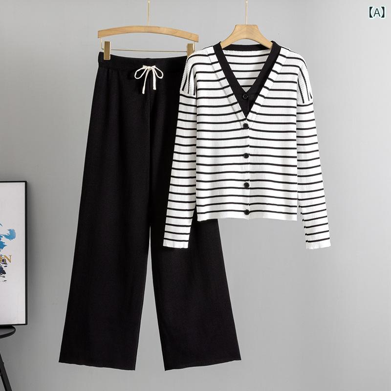 セットアップ レディース Vネック クロスボーダーのの 春の 新型の スーツ 女性は 色の ストライプの 双 v ネックの メリヤスの カーディガンの 上着の 広い 足の ズボンの 2つの セットに ぶつかります。
