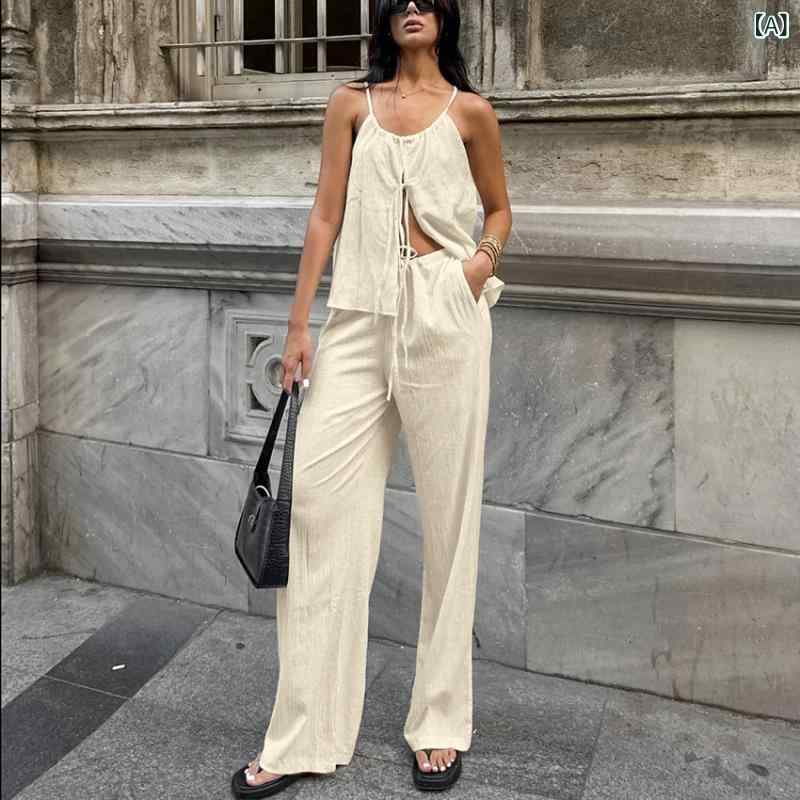 セットアップ レディース Vネック 2025 春夏 感 カジュアル 帯 v ネック 上着高 腰 弾性 帯 ズボン セット 欧米 ファッション 婦人服