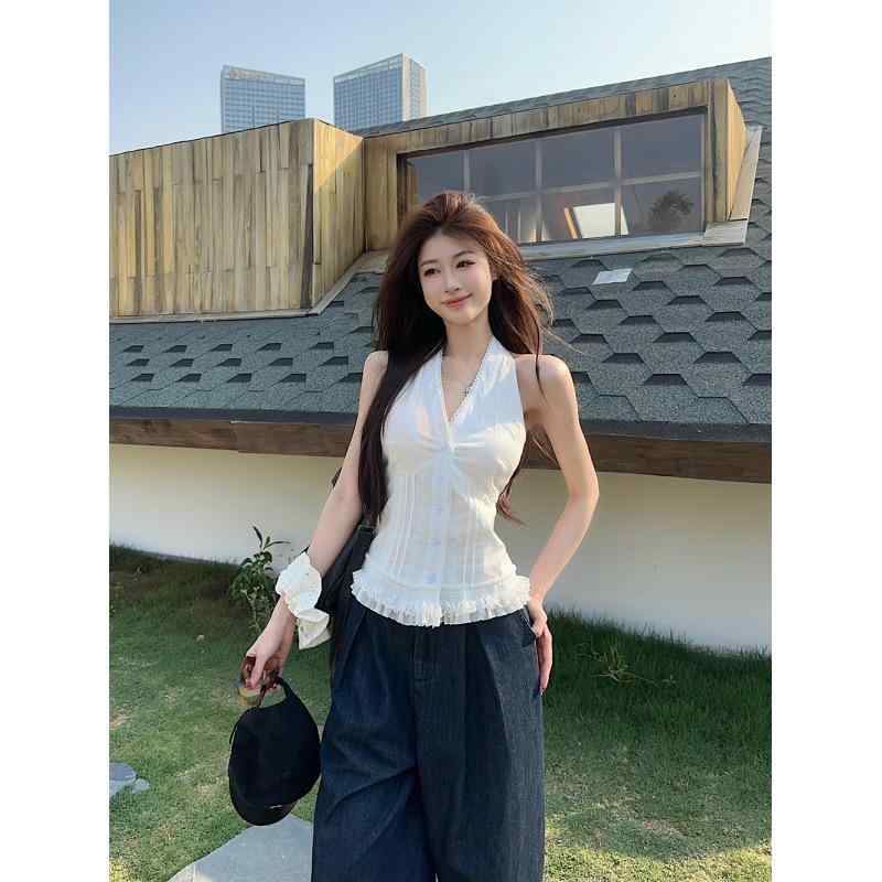 セットアップ レディース Vネック 白い レースは 首の 上着の 小さい シャツ レディース 復古の 高さ 腰の デニムの ズボンの スーツ 女性を つなぎ合わせます。