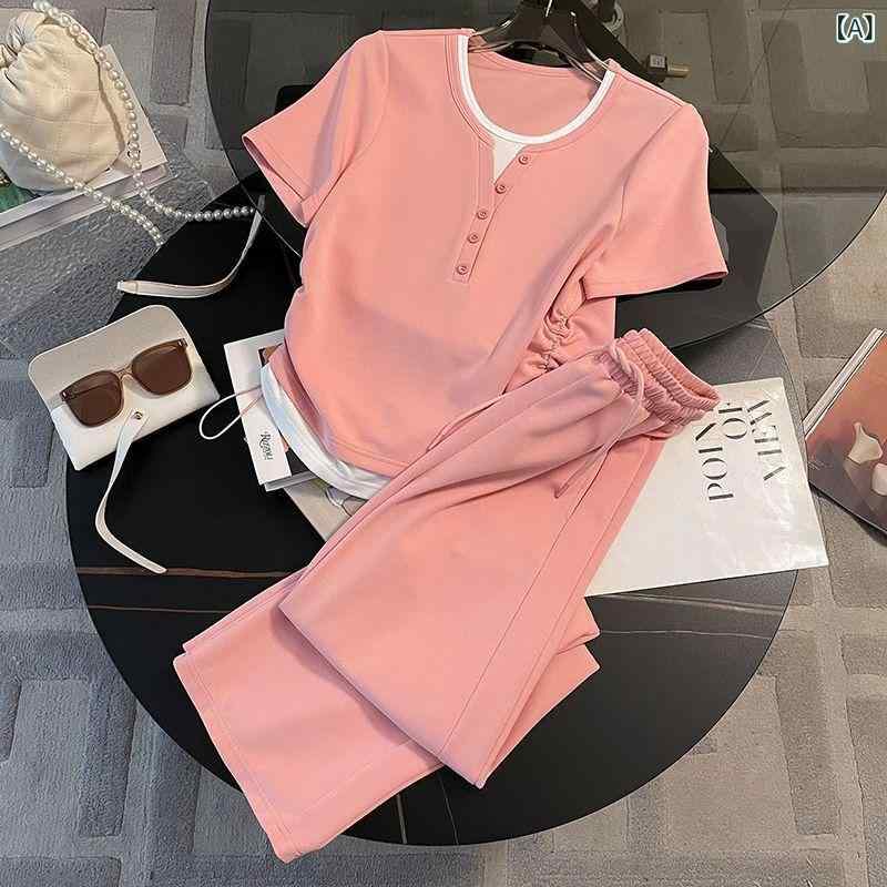 セットアップ レディース Vネック カジュアル スポーツ 減 齢 スーツ 女性 夏 2025 新型 フェイク 2枚 v ネック 半袖 ワイド パンツ ファッション ジャケット メーカー