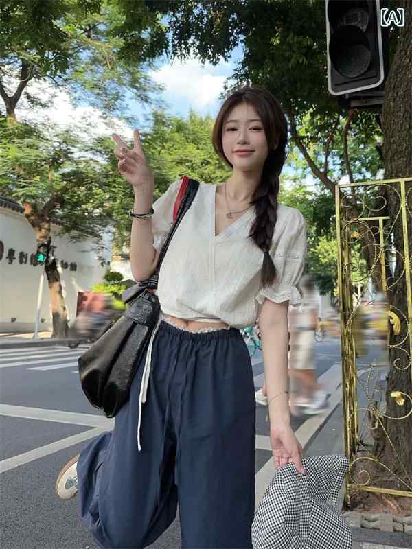 セットアップ レディース Vネック 実 拍 2025 レース リップ ジャカード v ネック シャツ 上着の レディース 夏の 腰の 頭は レースの カジュアル ズボンの スーツ 女性を つなぎます。x2