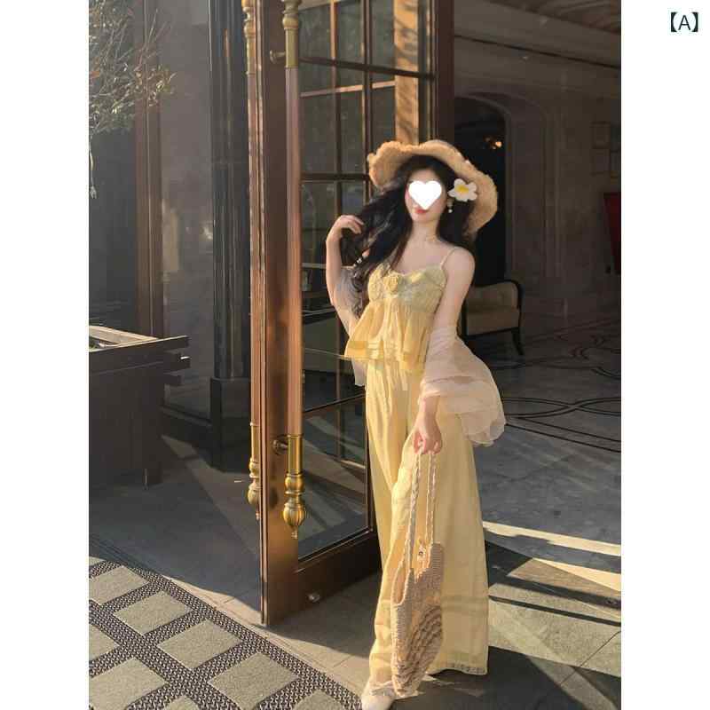 セットアップ レディース Vネック 夏の 仙の リラックス 感の リゾート 風は v ネックの 黄色の バラの サスペンダーの カジュアル ズボンの スーツ 女性を 着ます。